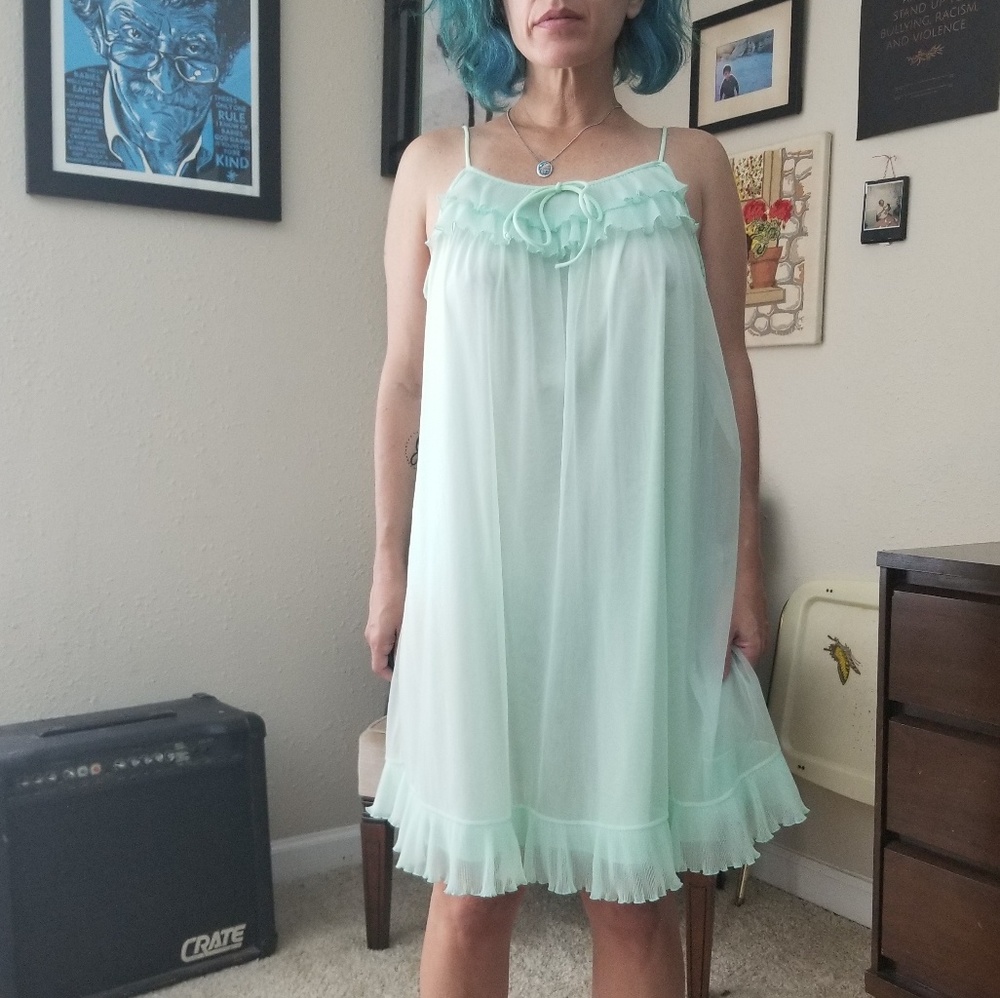 Evette Vintage Sheer Seafoam Green Ruffle Nightie - Picture 1 of 8